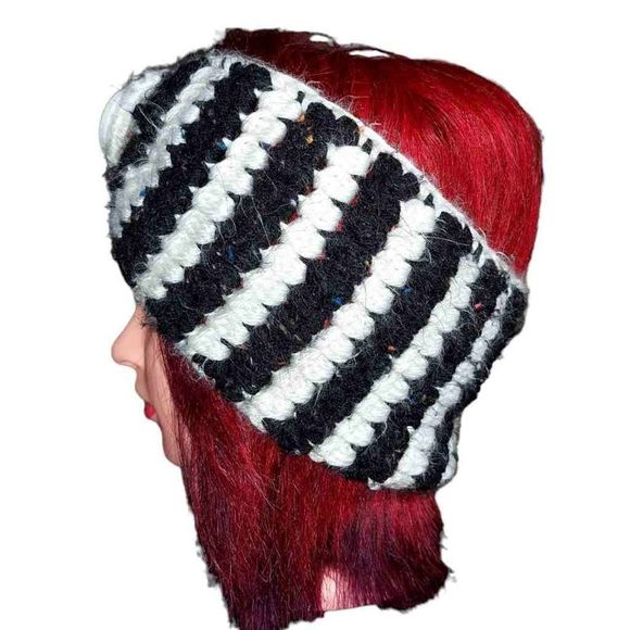 Handmade Angora Black And White Stripe Headband Earmuffs, Button Detail, New - Picture 4 of 4